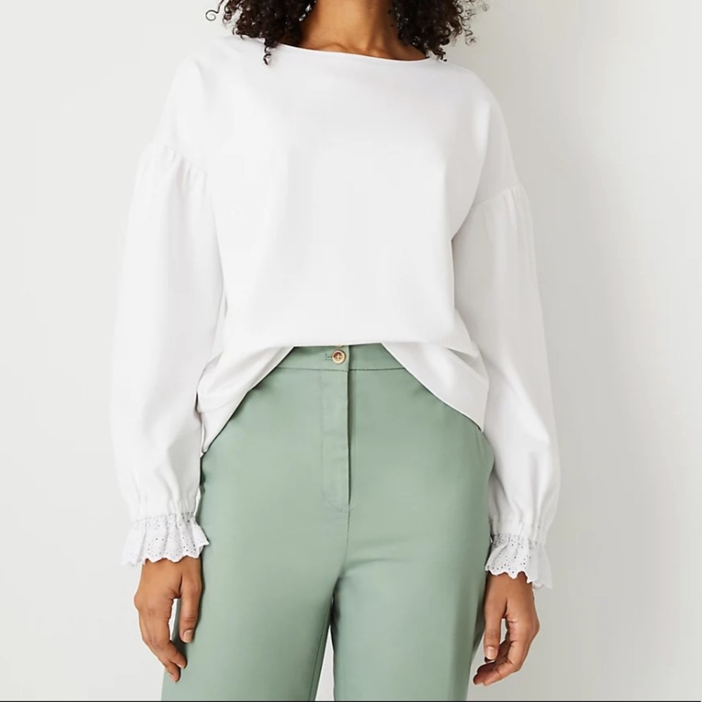 Ann Taylor Petite White Lace Cuff Ponte Top
